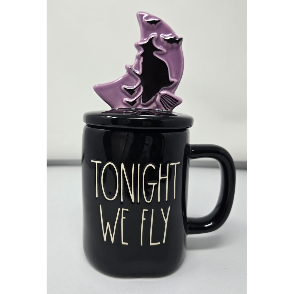 Rae Dunn Ceramic Halloween "Tonight We Fly" Black Mug Purple Moon Witch Topper